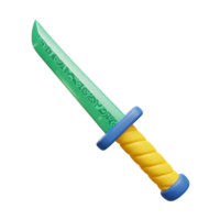 desenho animado espada características uma brilhante verde lâmina com estampado Projeto e uma texturizado amarelo lidar com mantido de dois azul guardas, adequado para fantasia ilustrações. png