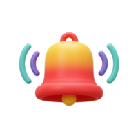 A 3D rendering shows a red and yellow bell with blue and purple sound waves emanating from it, indicating a notification or alert used for various purposes. png