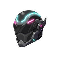 A futuristic cyberpunk helmet features sleek dark gray armor and glowing neon lights in cyan and magenta, suitable for science fiction designs. png
