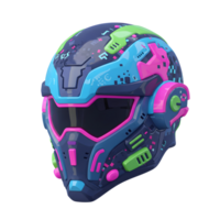 Close-up of a futuristic helmet featuring a cyberpunk design in bright colors, perfect for costume or display. png
