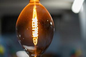 Decorative antique style filament light bulb glowing softly photo