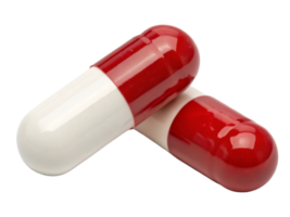 Two red and white capsules lying on a clean surface, reflecting light and showcasing their glossy finish. png
