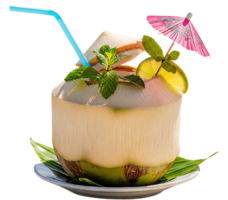 A refreshing coconut drink with a straw, lime, mint, and a small umbrella png