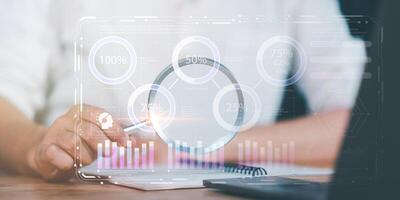 update annual budget accounts, company growth data ,Business people read business statistics chart reports, to analyze and improve corporate strategy, manage financial and marketing documents photo