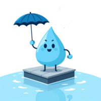 A cheerful water droplet character with a blue umbrella standing on a platform, amidst rain png