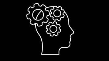 Cogwheels in head line icon animation. Concept of idea, thinking, mental processes, or problem-solving. White illustration isolated on black background. video
