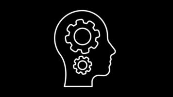 Cogwheels in head line icon animation. Concept of idea, thinking, mental processes, or problem-solving. White illustration isolated on black background. Motion graphics . video