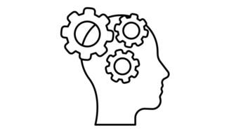 Cogwheels in head line icon animation. Concept of idea, thinking, mental processes, or problem-solving. Black illustration isolated on white background. video