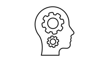Cogwheels in head line icon animation. Concept of idea, thinking, mental processes, or problem-solving. Black illustration isolated on white background. Motion graphics video
