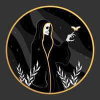 Death skeleton in a cassock emblem. Mystery, astrology, esoteric vector