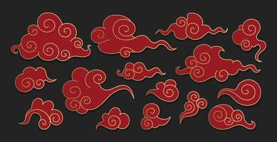 Set of red and golden Asian swirl clouds with geometric ornament. Hand drawn celestial Chinese doodle clouds vector