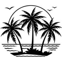 Black and white tropical scene with palm trees ocean and birds vector