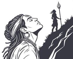 Lord Shiva in Meditation with Ascetic on Mountain Monochrome Illustration vector