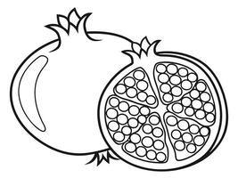 Pomegranate Outline Whole Fruit and Half with Seeds Black and White vector