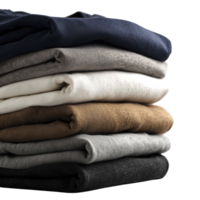 Stack of folded clothes is neatly arranged, evoking feelings of comfort and warmth, showcasing variety of neutral colors and textures png