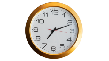 Analog clock use digit present one to twelve. Frame is gold color. for background and textured. png