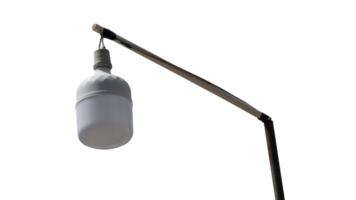 LED bulb hanging from a metal pole against a bright. Suspended by a thin wire or string. With the pole extending diagonally across the frame. For background and textured png