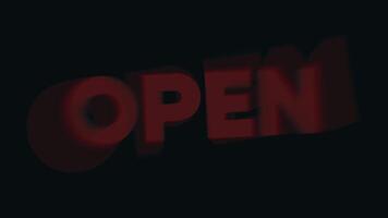 4K motion animation featuring the word OPEN in bold red on a black background. Ideal for digital signage, store intros, online announcements, or promotional content. video