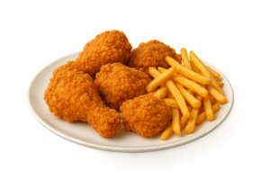 Delicious Fried Chicken Feast with Crispy Fries on a White Plate png