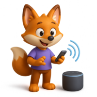 Cartoon fox character using AI assistant on smartphone technology png