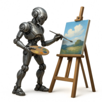 Robot Artist Creating a Masterpiece on a Canvas with Paint Palette png