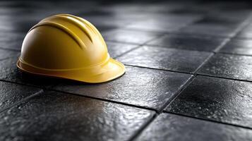 Yellow safety helmet on wet tiled floor reflecting light in flooded building where inspector might work to assess damage and ensure safety in environment photo