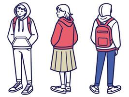 Three Students in Hoodies and Backpacks Standing in Different Poses vector