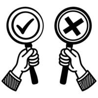 Hands Holding Signs with Checkmark and X Symbol in Black and White vector