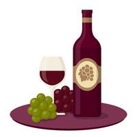 wine bottle and glass with grapes on table illustration vector