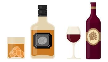 Whiskey and wine set with bottles and glasses vector