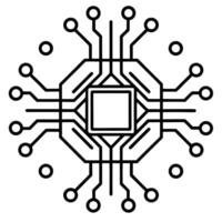 Minimalist Line Art of a Computer Chip with Circular Connections vector
