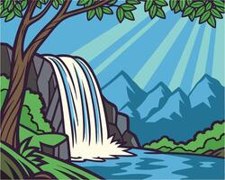 Cartoon Waterfall Scene with Mountains Tree and Sunlight Beams vector