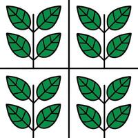 Four Green Leaf Sprigs Arranged in a Square Pattern with Black Outlines vector