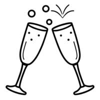 Two Champagne Glasses Toasting with Bubbles in a Black and White Outline vector