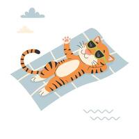 Cute tiger in sunglasses lying on a towel and sunbathing on the beach. illustration in flat style in children's style on a white background vector