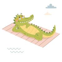 Cute crocodile in sunglasses lying on a towel and sunbathing. Flat illustration in a simple children's style on white background vector