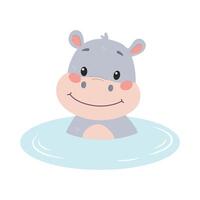 Cute little hippo in water. Flat illustration in simple child style isolated on white background vector