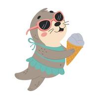 Cute seal in sunglasses and In bathing suit with ice cream. Flat illustration in simple child style isolated on white background vector