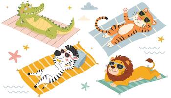 Cute crocodile, tiger, zebra, lion with sunglasses on the beach. Flat illustration in a simple children's style on white background vector