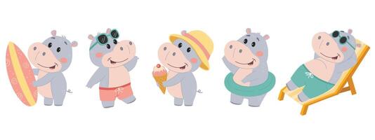 Set of cute hippo characters.Summer, vacation, ice cream, surfing, pool, lounger. Flat illustration in simple children's style isolated on white background. vector
