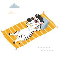 Cute cartoon zebra with sunglasses on the beach. Flat illustration in a simple children's style on white background vector