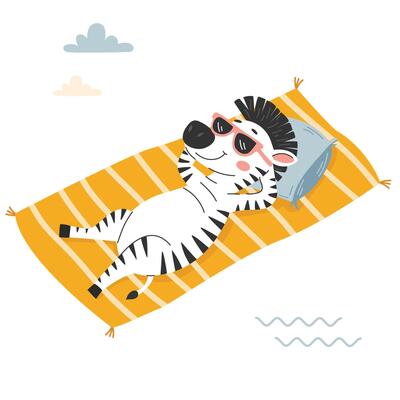 Cute cartoon zebra with sunglasses on the beach. Flat illustration in a simple children's style on white background