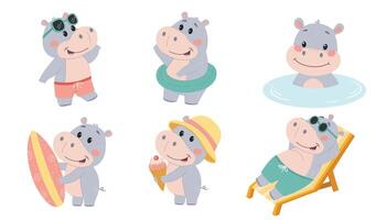 Set of cute hippo characters.Flat illustration in simple children's style isolated on white background. vector