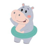 Cute little hippo with swimming circle on his waist. Flat illustration in simple child style isolated on white background vector