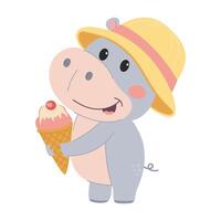 Cute hippopotamus with ice cream and hat. Flat illustration in simple child style isolated on white background vector