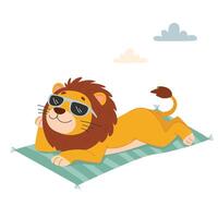Lion in sunglasses lying on the beach. illustration in cartoon style on white background. vector