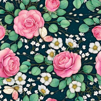 Watercolor hand drawn camellias and white flowers seamless pattern
