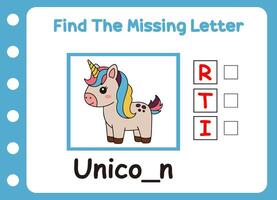 find missing letter of cute little unicorn . vector