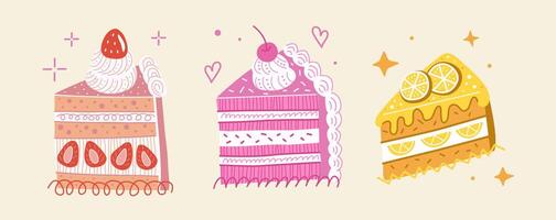 Set of birthday abstract cake slice with cream and cherry in flat vintage style. Layered pink dessert on isolated background. Lemon pie vector