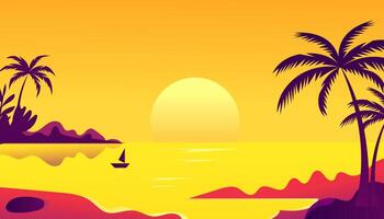 Sunset Tropical Beach Scene Palm Trees, Sailboat, Ocean View vector